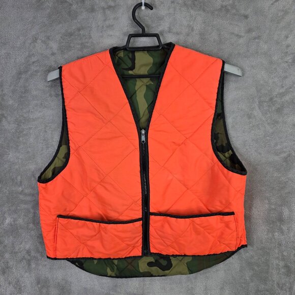 Mens Reversible Camouflage & Orange Quilted Hunting Vest Zipper Closure Size L - Picture 3 of 7